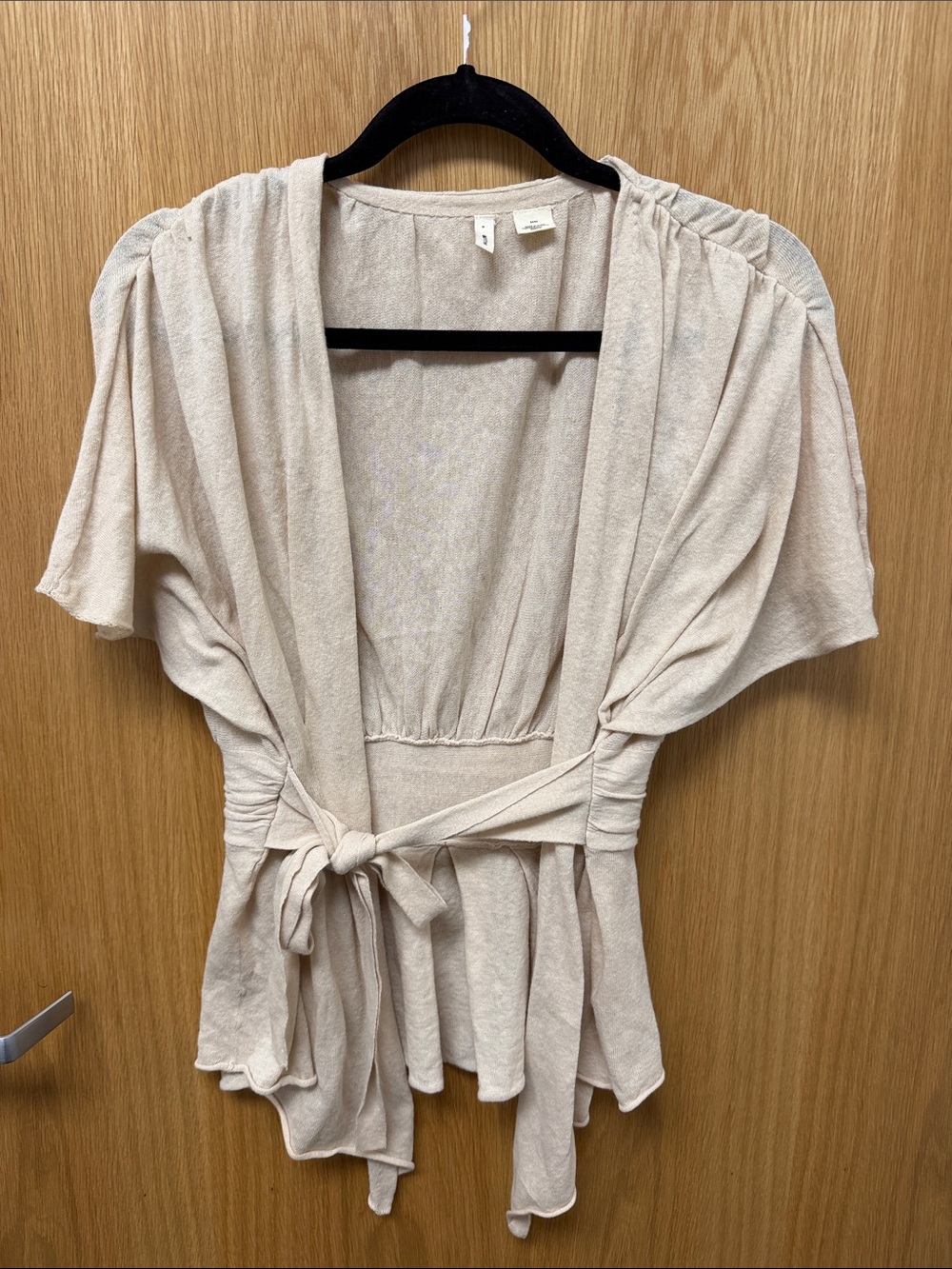 Moth Cream Tie-Front Linen and Cotton Blend  Flutter Sleeve Lightweight Sweater